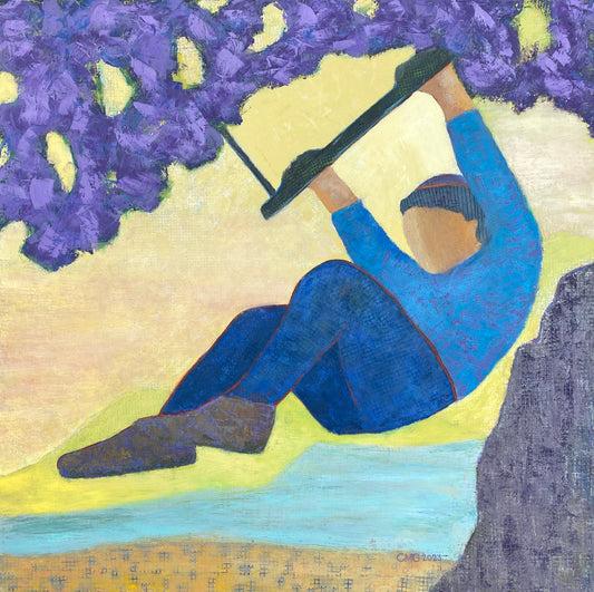 JESUS HAVING FUN SWINGING, 2023. Oil and cold wax on canvas, 30 X 30 in.